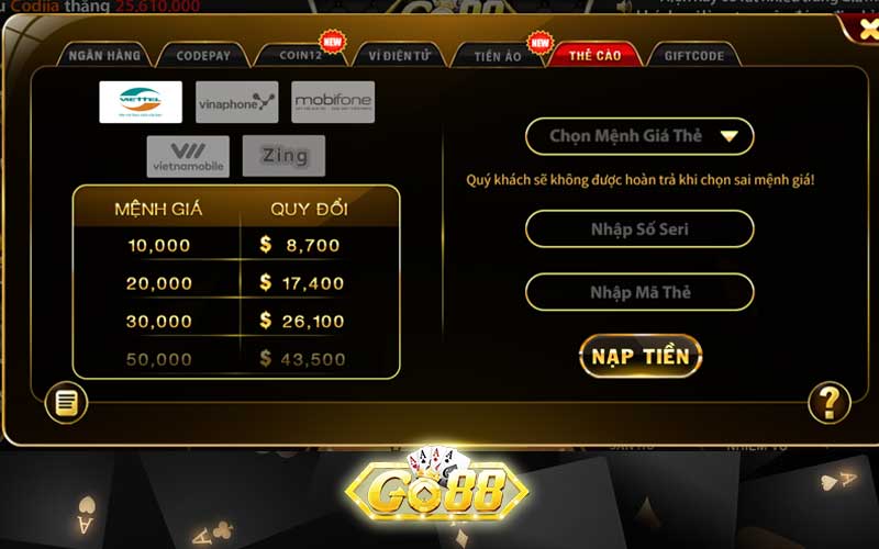 Cách nạp tiền Go88 thông qua hình thức thẻ cào điện thoại